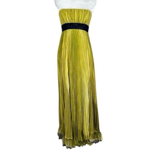 Carmen Marc Valvo Lime Green Pleated Strapless Beaded Waist Maxi Dress Gown 2 - Picture 2 of 10